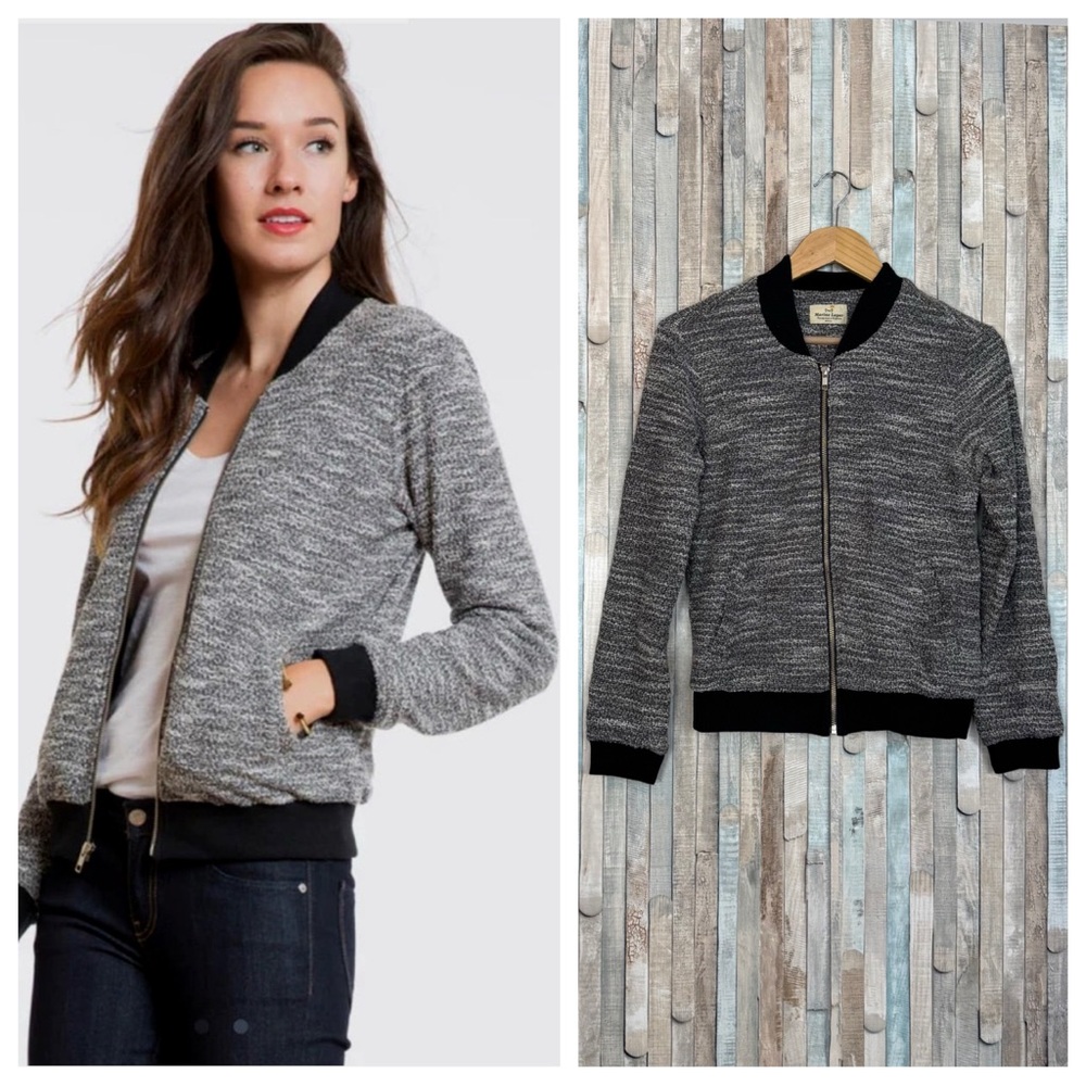 Marine Layer S Tweed Pippa Bomber Zip Up Jacket Sporty Gray & Black Melange Knit